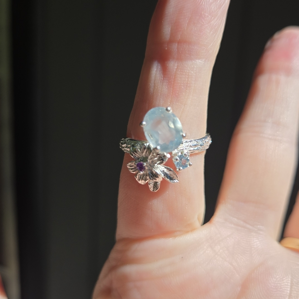 Aquamarine 4k Topaz & Amethyst floral setting sterling & white gold ring sz8 - Picture 5 of 8